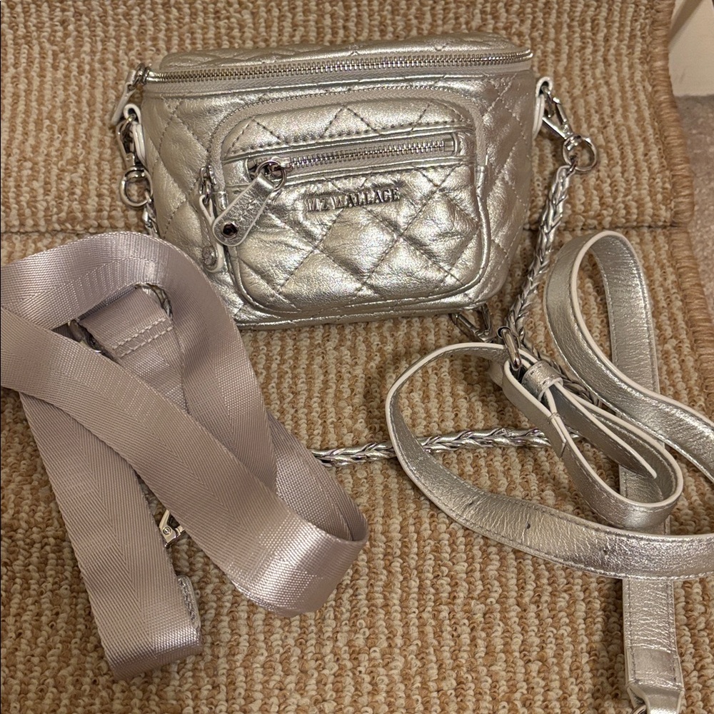 MZ Wallace Micro Crosby Silver Leather Quilted Sling - Picture 7 of 12